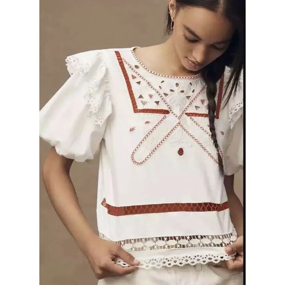 Anthropologie Puff-Sleeve Cutwork Top